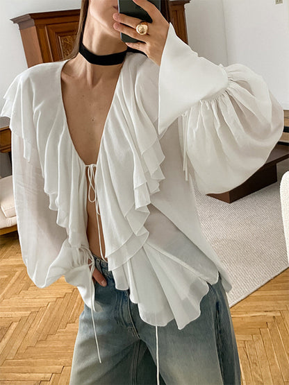 Tie Front Ruffle Blouse Women Chic Top - White French Vintage Lantern Sleeve Deep V Neck - Spring Daily Streetwear 2026