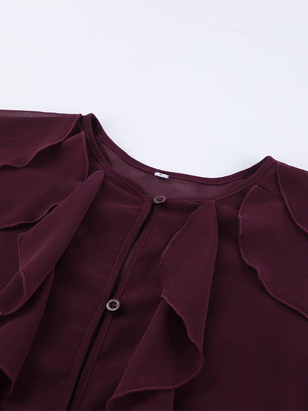 Ruffle Chiffon Blouse Women Chic Sheer Top - Wine Red Retro Victorian Cascading Flare Sleeve - Spring Party Club 2026
