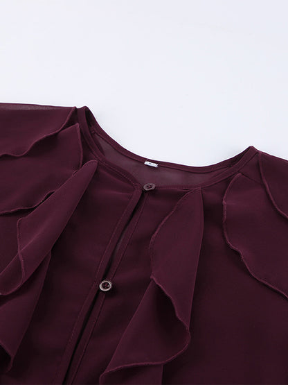 Ruffle Chiffon Blouse Women Chic Sheer Top - Wine Red Retro Victorian Cascading Flare Sleeve - Spring Party Club 2026
