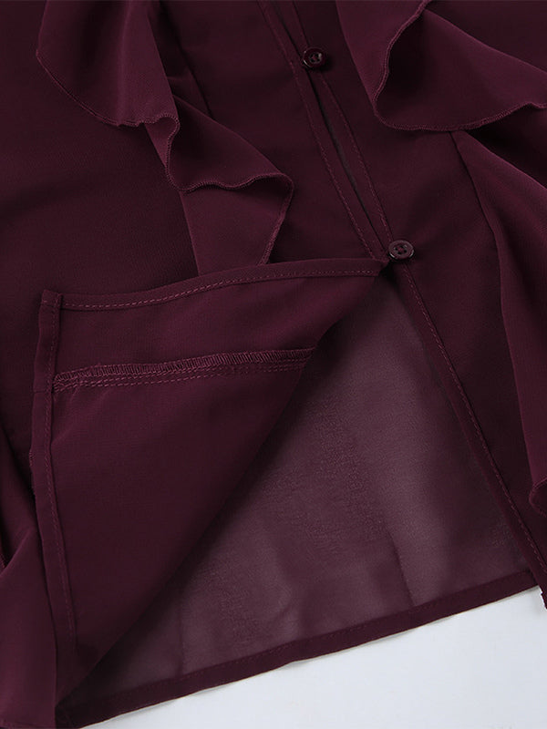 Ruffle Chiffon Blouse Women Chic Sheer Top - Wine Red Retro Victorian Cascading Flare Sleeve - Spring Party Club 2026