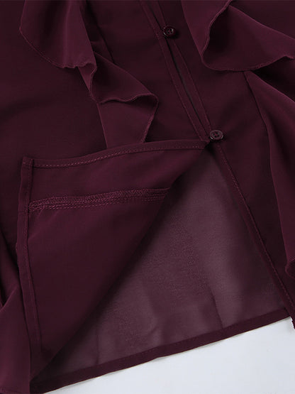 Ruffle Chiffon Blouse Women Chic Sheer Top - Wine Red Retro Victorian Cascading Flare Sleeve - Spring Party Club 2026