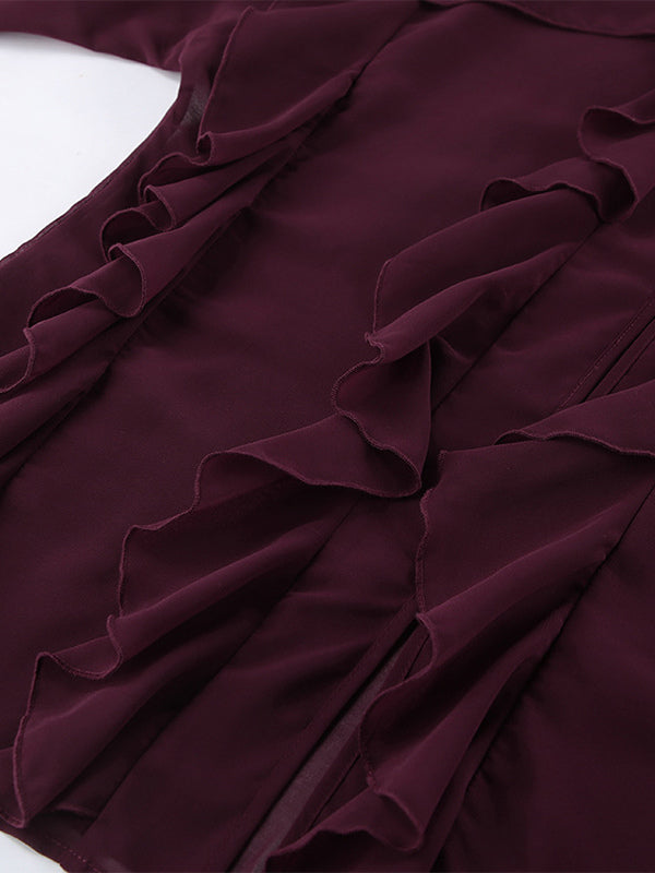 Ruffle Chiffon Blouse Women Chic Sheer Top - Wine Red Retro Victorian Cascading Flare Sleeve - Spring Party Club 2026