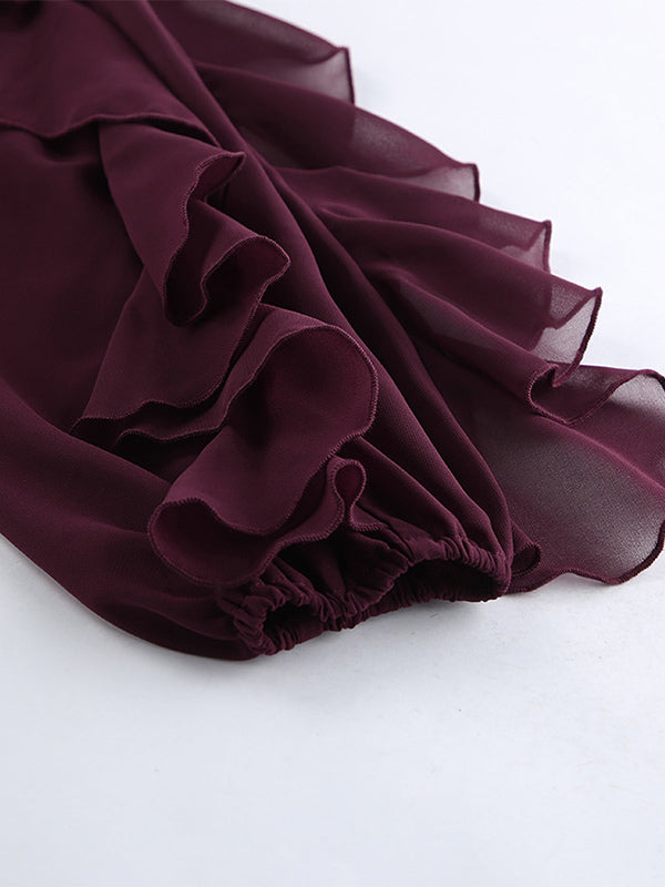 Ruffle Chiffon Blouse Women Chic Sheer Top - Wine Red Retro Victorian Cascading Flare Sleeve - Spring Party Club 2026