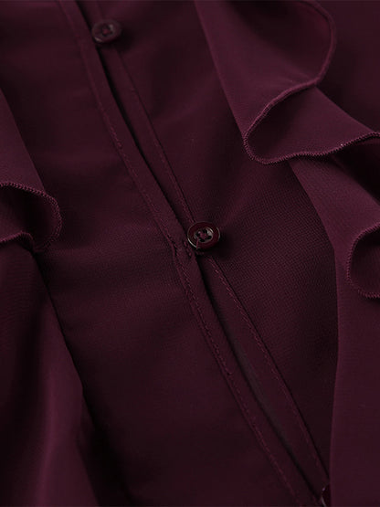 Ruffle Chiffon Blouse Women Chic Sheer Top - Wine Red Retro Victorian Cascading Flare Sleeve - Spring Party Club 2026