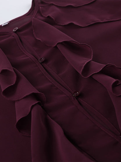 Ruffle Chiffon Blouse Women Chic Sheer Top - Wine Red Retro Victorian Cascading Flare Sleeve - Spring Party Club 2026