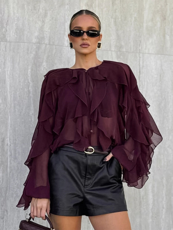 Ruffle Chiffon Blouse Women Chic Sheer Top - Wine Red Retro Victorian Cascading Flare Sleeve - Spring Party Club 2026