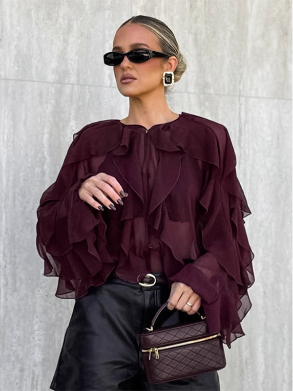 Ruffle Chiffon Blouse Women Chic Sheer Top - Wine Red Retro Victorian Cascading Flare Sleeve - Spring Party Club 2026