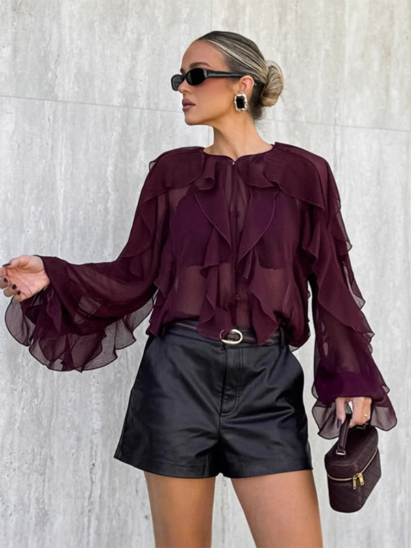Ruffle Chiffon Blouse Women Chic Sheer Top - Wine Red Retro Victorian Cascading Flare Sleeve - Spring Party Club 2026