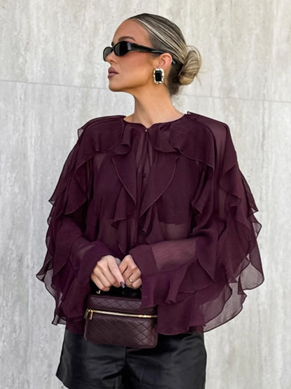 Ruffle Chiffon Blouse Women Chic Sheer Top - Wine Red Retro Victorian Cascading Flare Sleeve - Spring Party Club 2026