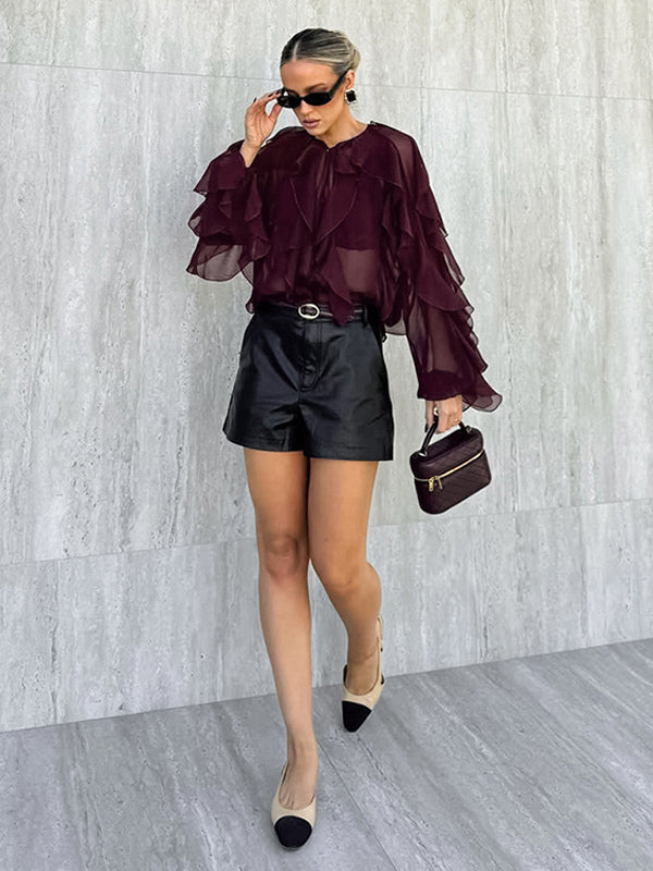 Ruffle Chiffon Blouse Women Chic Sheer Top - Wine Red Retro Victorian Cascading Flare Sleeve - Spring Party Club 2026