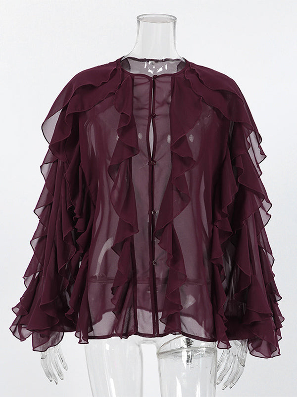 Ruffle Chiffon Blouse Women Chic Sheer Top - Wine Red Retro Victorian Cascading Flare Sleeve - Spring Party Club 2026