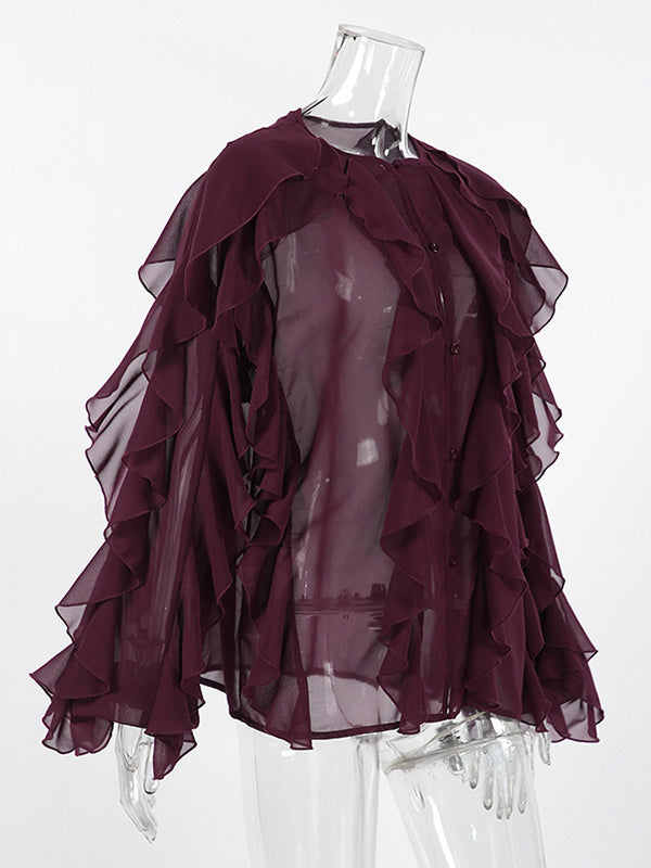 Ruffle Chiffon Blouse Women Chic Sheer Top - Wine Red Retro Victorian Cascading Flare Sleeve - Spring Party Club 2026