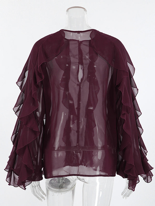 Ruffle Chiffon Blouse Women Chic Sheer Top - Wine Red Retro Victorian Cascading Flare Sleeve - Spring Party Club 2026