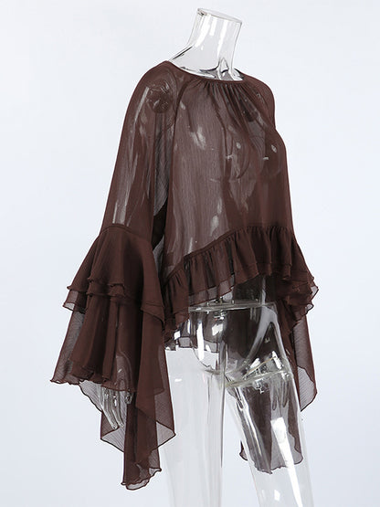 Sheer Chiffon Blouse Women's Flare Sleeve Top - Brown Boho Ruffle Tiered Loose Fit - Spring Party Night 2026