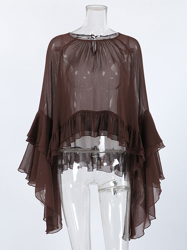 Sheer Chiffon Blouse Women's Flare Sleeve Top - Brown Boho Ruffle Tiered Loose Fit - Spring Party Night 2026
