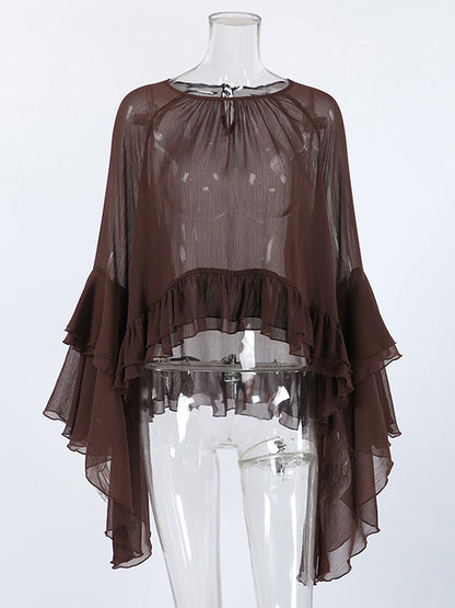 Sheer Chiffon Blouse Women's Flare Sleeve Top - Brown Boho Ruffle Tiered Loose Fit - Spring Party Night 2026