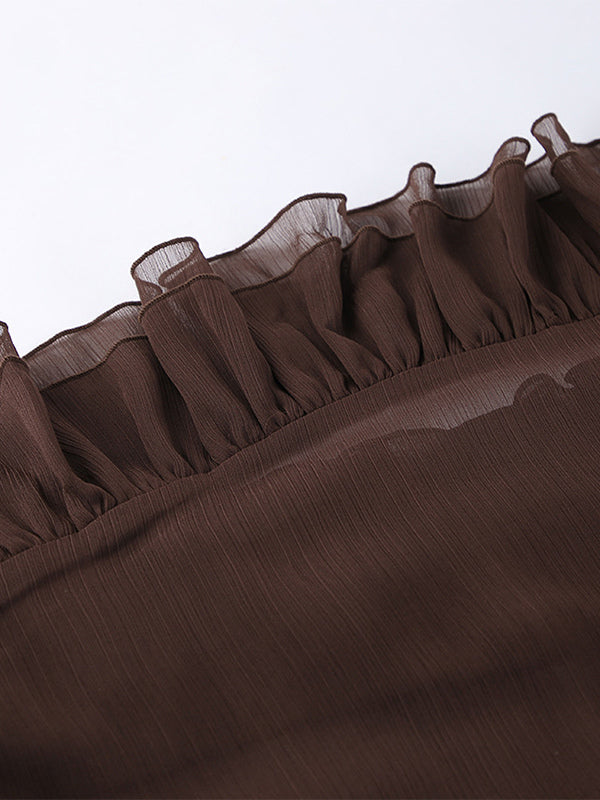 Sheer Chiffon Blouse Women's Flare Sleeve Top - Brown Boho Ruffle Tiered Loose Fit - Spring Party Night 2026