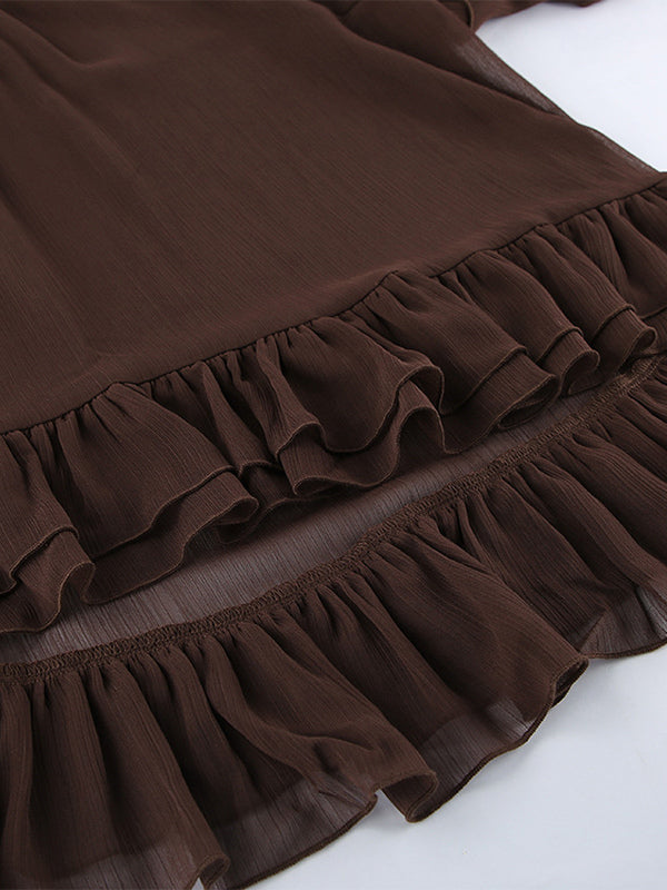 Sheer Chiffon Blouse Women's Flare Sleeve Top - Brown Boho Ruffle Tiered Loose Fit - Spring Party Night 2026