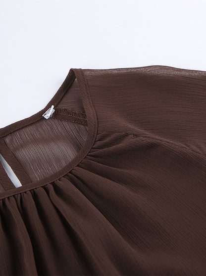 Sheer Chiffon Blouse Women's Flare Sleeve Top - Brown Boho Ruffle Tiered Loose Fit - Spring Party Night 2026