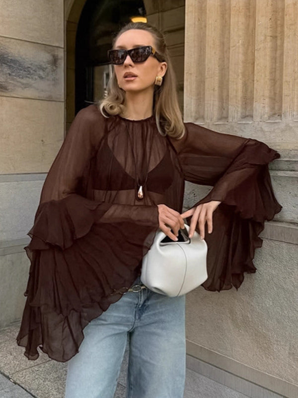 Sheer Chiffon Blouse Women's Flare Sleeve Top - Brown Boho Ruffle Tiered Loose Fit - Spring Party Night 2026