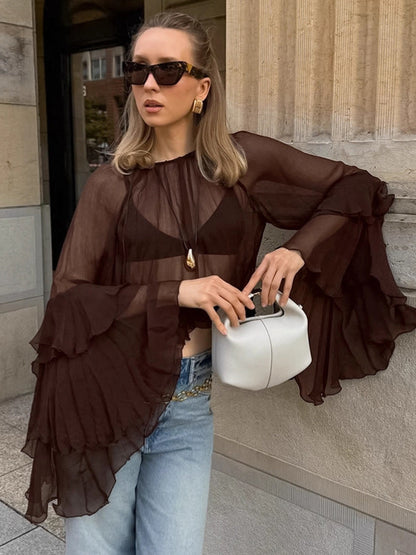 Sheer Chiffon Blouse Women's Flare Sleeve Top - Brown Boho Ruffle Tiered Loose Fit - Spring Party Night 2026