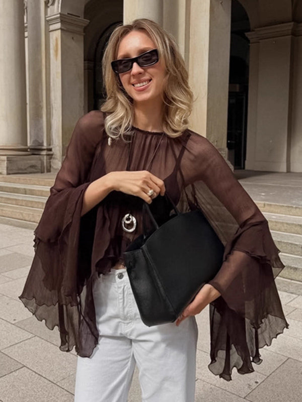 Sheer Chiffon Blouse Women's Flare Sleeve Top - Brown Boho Ruffle Tiered Loose Fit - Spring Party Night 2026