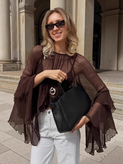 Sheer Chiffon Blouse Women's Flare Sleeve Top - Brown Boho Ruffle Tiered Loose Fit - Spring Party Night 2026