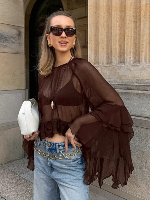 Sheer Chiffon Blouse Women's Flare Sleeve Top - Brown Boho Ruffle Tiered Loose Fit - Spring Party Night 2026