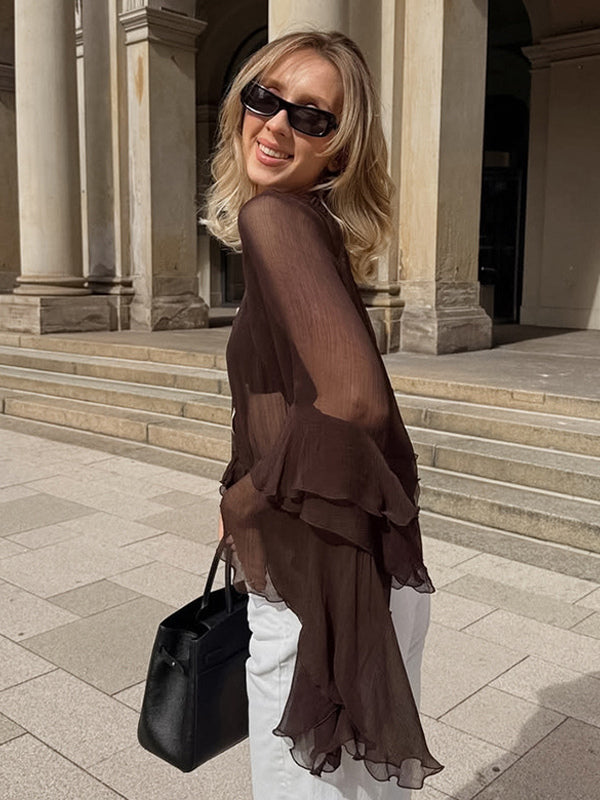 Sheer Chiffon Blouse Women's Flare Sleeve Top - Brown Boho Ruffle Tiered Loose Fit - Spring Party Night 2026