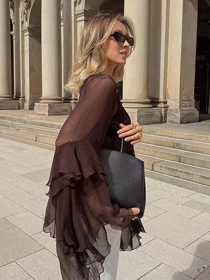 Sheer Chiffon Blouse Women's Flare Sleeve Top - Brown Boho Ruffle Tiered Loose Fit - Spring Party Night 2026