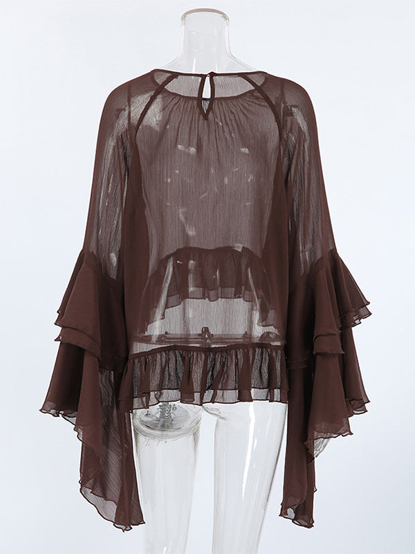 Sheer Chiffon Blouse Women's Flare Sleeve Top - Brown Boho Ruffle Tiered Loose Fit - Spring Party Night 2026