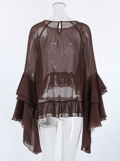 Sheer Chiffon Blouse Women's Flare Sleeve Top - Brown Boho Ruffle Tiered Loose Fit - Spring Party Night 2026