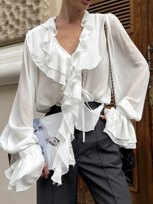 Ruffle Chiffon Blouse For Women - Burgundy Elegant Tie Front Flare Long Sleeve Top - Spring Desk-to-dinner 2026