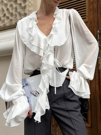 Ruffle Chiffon Blouse For Women - Burgundy Elegant Tie Front Flare Long Sleeve Top - Spring Desk-to-dinner 2026
