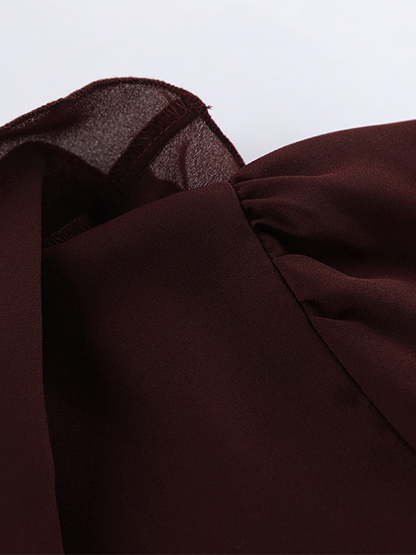 Ruffle Chiffon Blouse For Women - Burgundy Elegant Tie Front Flare Long Sleeve Top - Spring Desk-to-dinner 2026