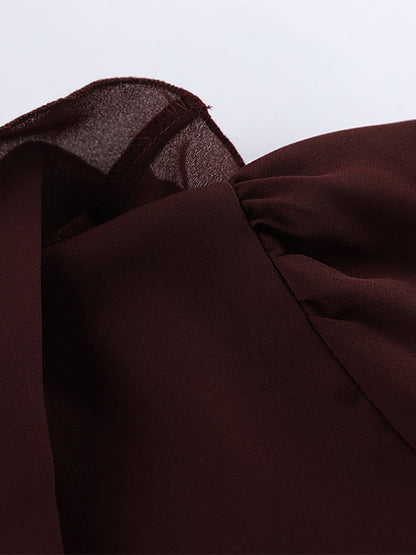 Ruffle Chiffon Blouse For Women - Burgundy Elegant Tie Front Flare Long Sleeve Top - Spring Desk-to-dinner 2026