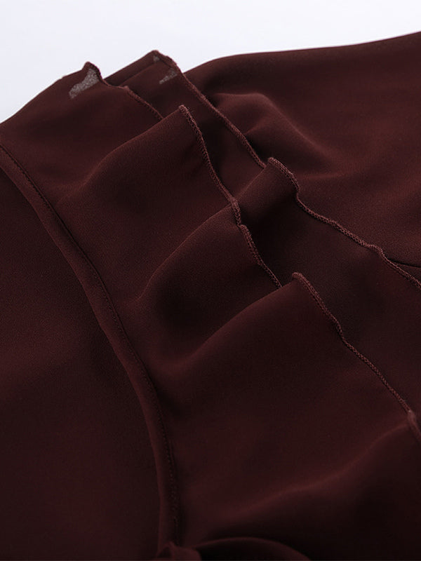 Ruffle Chiffon Blouse For Women - Burgundy Elegant Tie Front Flare Long Sleeve Top - Spring Desk-to-dinner 2026