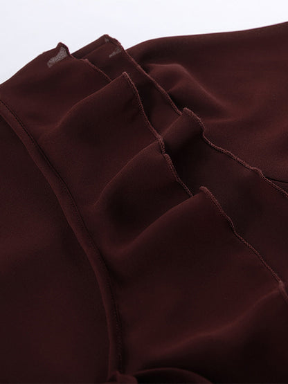 Ruffle Chiffon Blouse For Women - Burgundy Elegant Tie Front Flare Long Sleeve Top - Spring Desk-to-dinner 2026