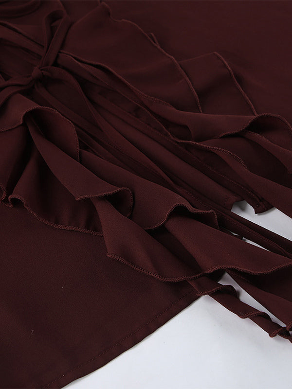 Ruffle Chiffon Blouse For Women - Burgundy Elegant Tie Front Flare Long Sleeve Top - Spring Desk-to-dinner 2026
