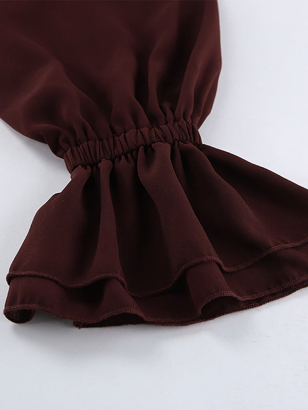 Ruffle Chiffon Blouse For Women - Burgundy Elegant Tie Front Flare Long Sleeve Top - Spring Desk-to-dinner 2026
