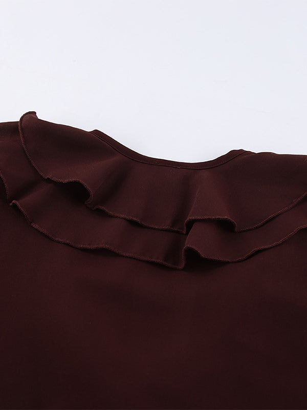 Ruffle Chiffon Blouse For Women - Burgundy Elegant Tie Front Flare Long Sleeve Top - Spring Desk-to-dinner 2026