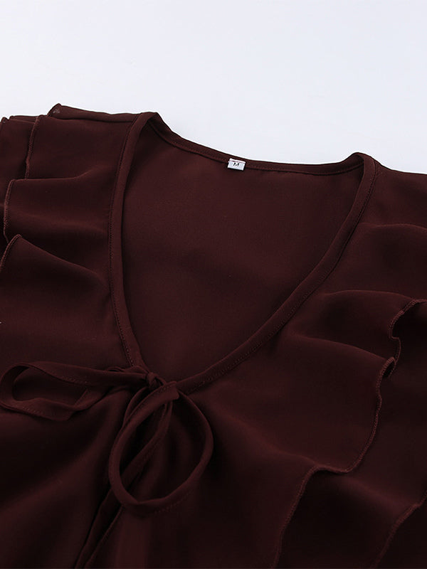 Ruffle Chiffon Blouse For Women - Burgundy Elegant Tie Front Flare Long Sleeve Top - Spring Desk-to-dinner 2026