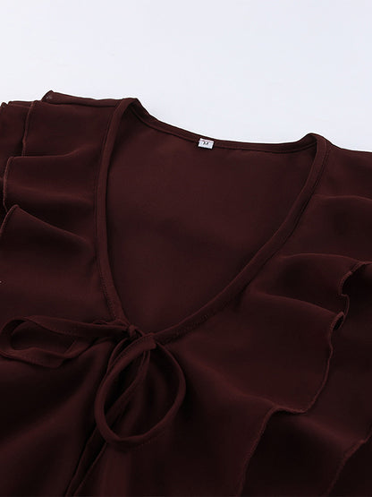 Ruffle Chiffon Blouse For Women - Burgundy Elegant Tie Front Flare Long Sleeve Top - Spring Desk-to-dinner 2026
