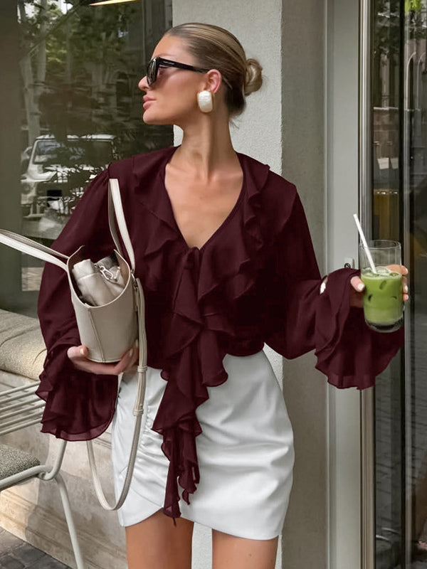 Ruffle Chiffon Blouse For Women - Burgundy Elegant Tie Front Flare Long Sleeve Top - Spring Desk-to-dinner 2026