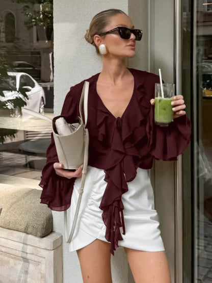 Ruffle Chiffon Blouse For Women - Burgundy Elegant Tie Front Flare Long Sleeve Top - Spring Desk-to-dinner 2026