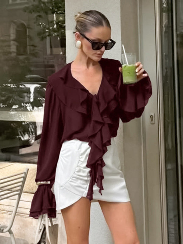 Ruffle Chiffon Blouse For Women - Burgundy Elegant Tie Front Flare Long Sleeve Top - Spring Desk-to-dinner 2026