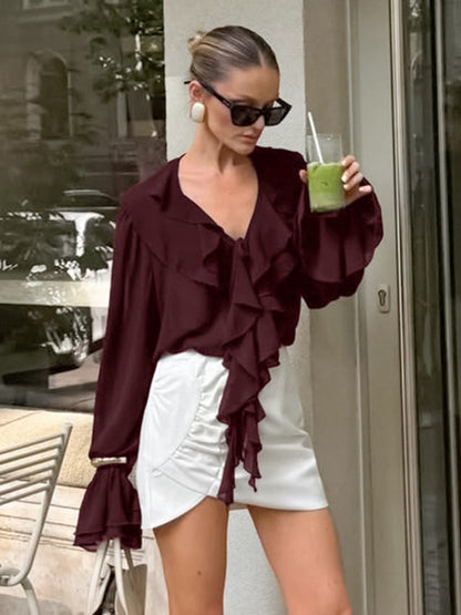 Ruffle Chiffon Blouse For Women - Burgundy Elegant Tie Front Flare Long Sleeve Top - Spring Desk-to-dinner 2026