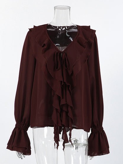 Ruffle Chiffon Blouse For Women - Burgundy Elegant Tie Front Flare Long Sleeve Top - Spring Desk-to-dinner 2026