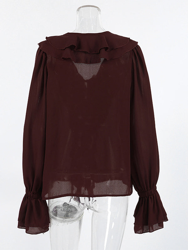 Ruffle Chiffon Blouse For Women - Burgundy Elegant Tie Front Flare Long Sleeve Top - Spring Desk-to-dinner 2026