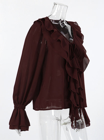 Ruffle Chiffon Blouse For Women - Burgundy Elegant Tie Front Flare Long Sleeve Top - Spring Desk-to-dinner 2026